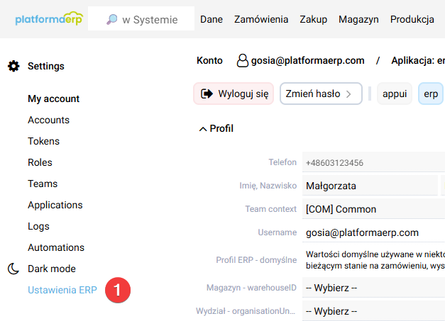 platformaERP - wprowadzenie numeru faktury z KSeF - sekcja ustawienia ERP