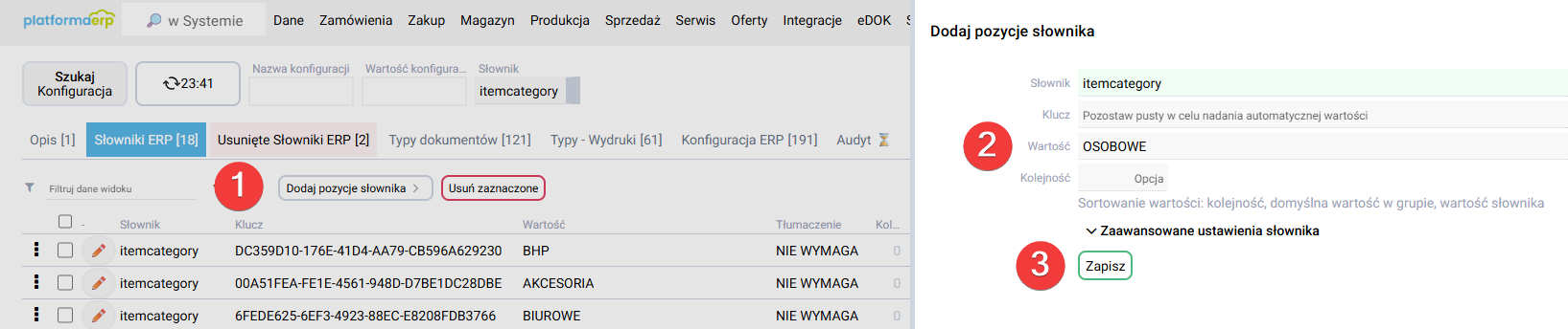 platformaERP - konfiguracja grup asortymentowych, nowa pozycja