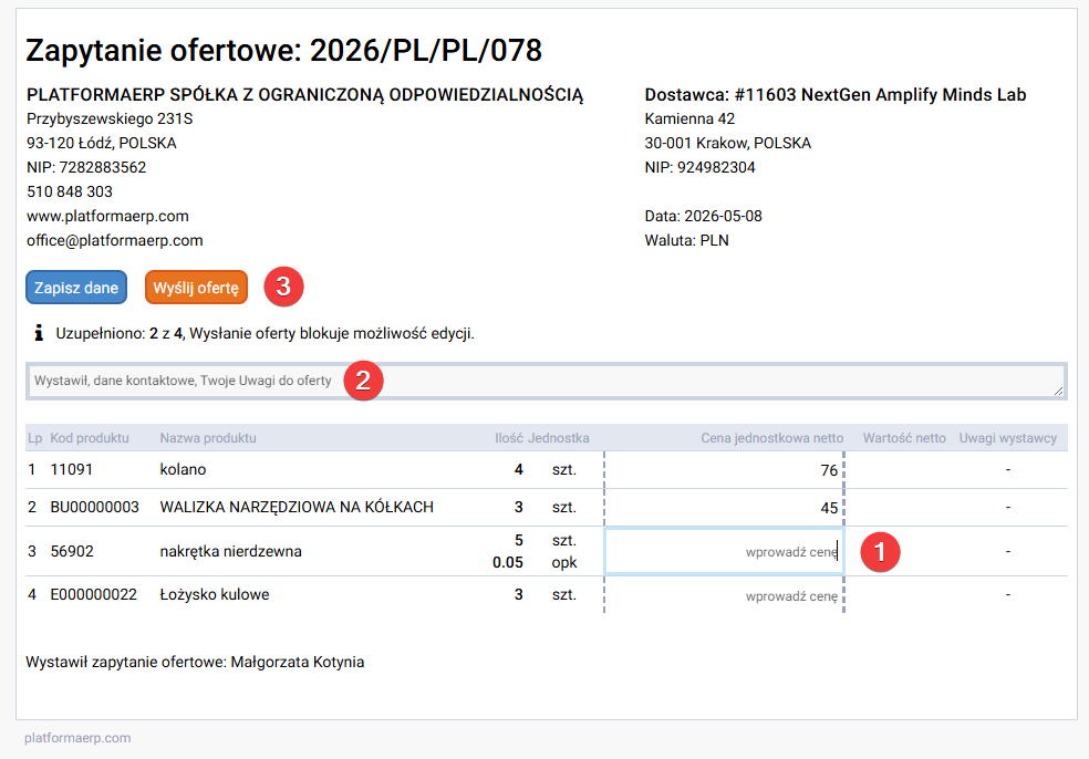 platformaERP - Zapytanie ofertowe, formularz