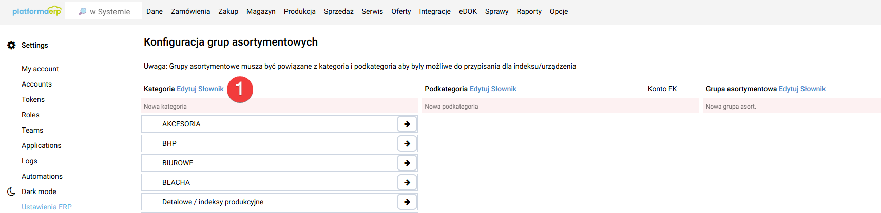 platformaERP - konfiguracja grup asortymentowych, edycja słownika