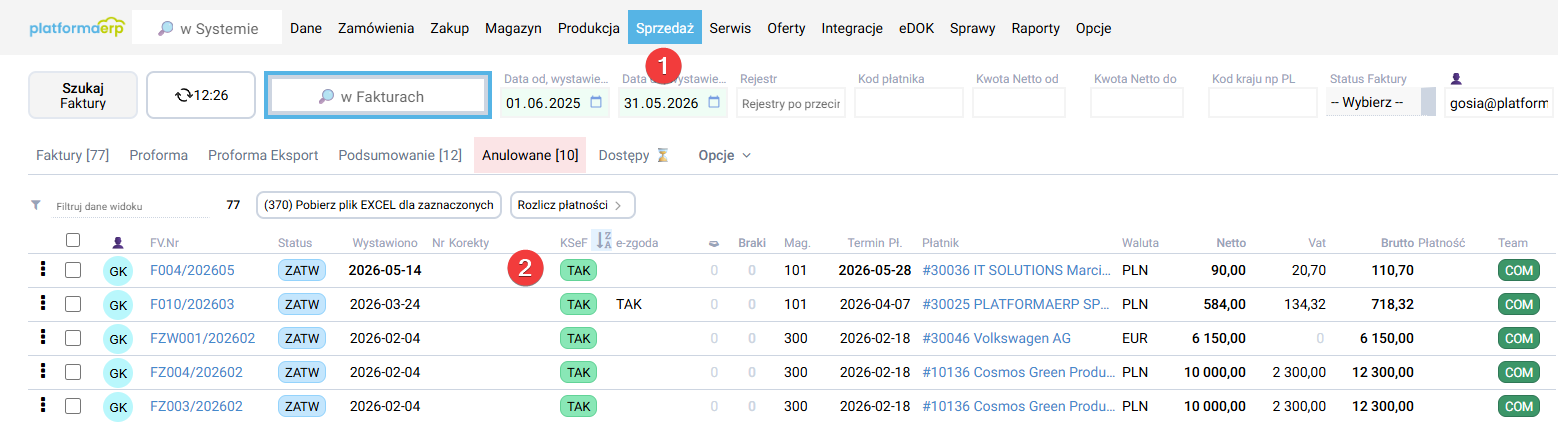 platformaERP - powiązanie faktury wystawionej w systemie KSeF 