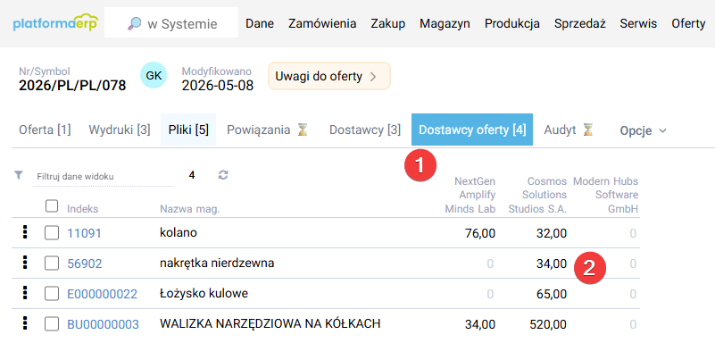 platformaERP - Dostawcy oferty