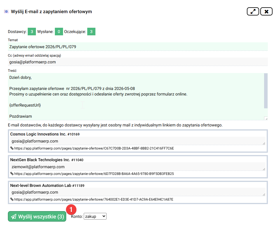 platformaERP - Zapytanie ofertowe, zbiorcza wysyłka