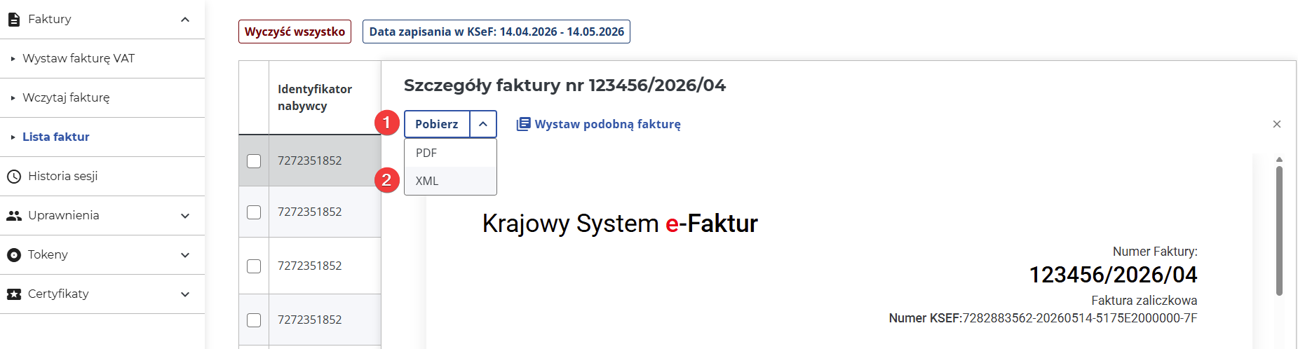 platformaERP - pobranie faktury z KSeF w formacie XML