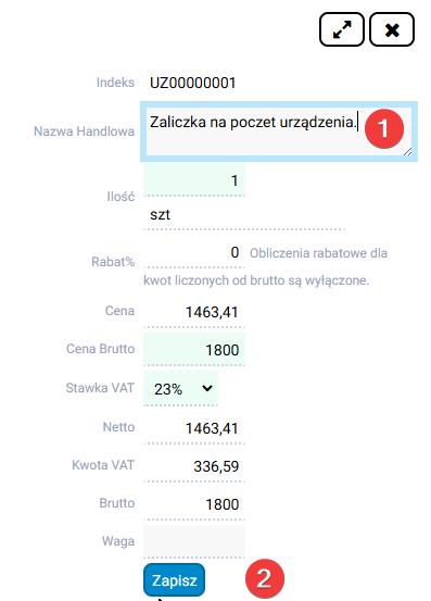 platformaERP - Faktura zaliczkowa, zmiana pozycji.