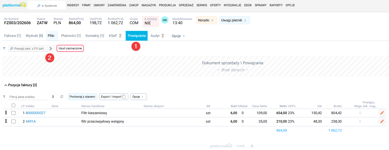 platformaERP - powiązanie zamówienia z fakturą zaliczkową