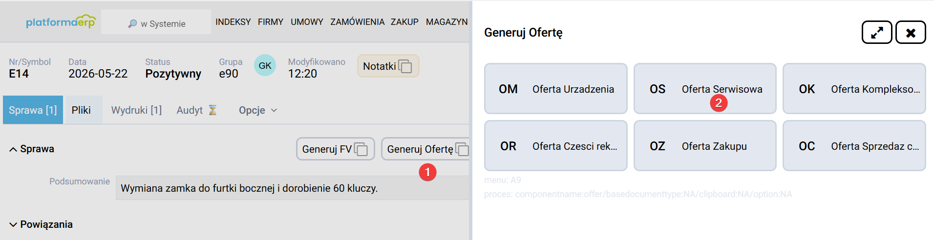 platformaERP - Sprawy, wystawienie oferty z ekranu Sprawy