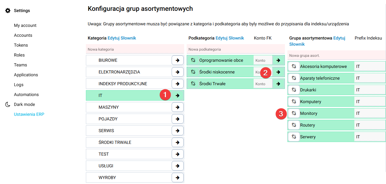 platformaERP - konfiguracja grup asortymentowych