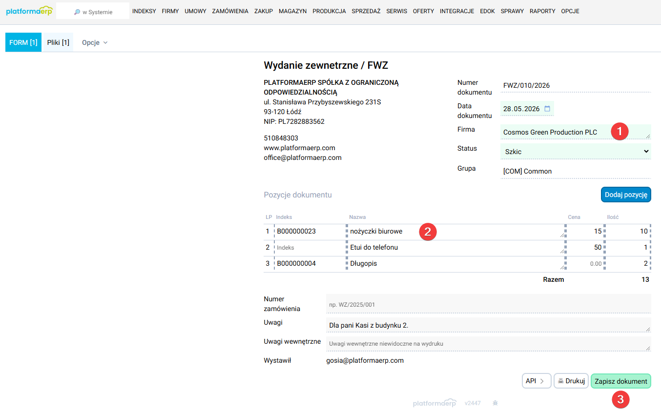 platformaERP - FWZ, dodanie nowego formularza wydania zewnętrznego.