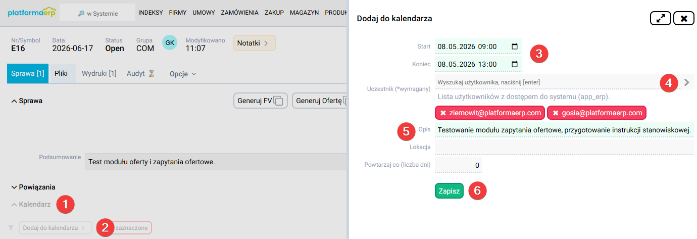 platformaERP - Sprawy, dodanie do kalendarza.
