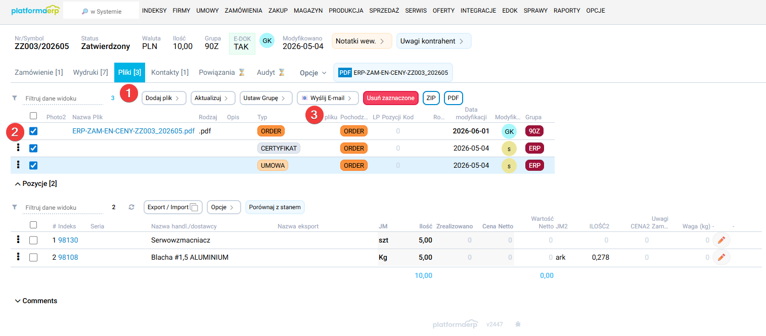 platformaERP - wysyłanie zamówienia z systemu, pliki