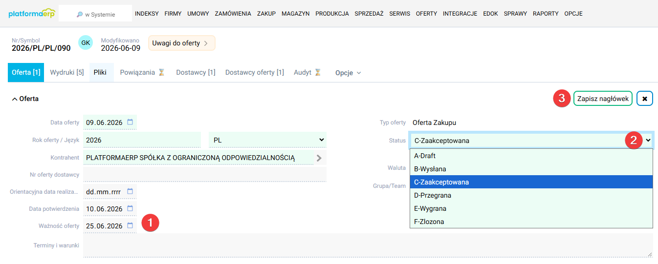 platformaERP - Oferta, zmiana danych