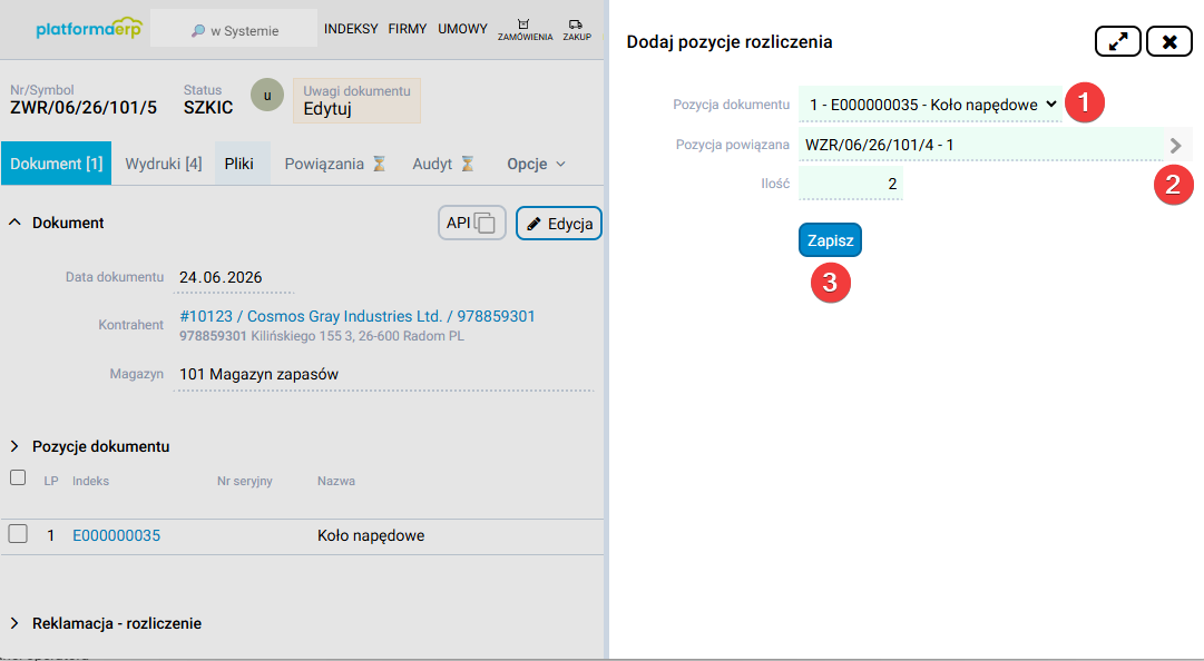 platformaERP - Magazyn dokument ZWR, rozliczenie pozycji