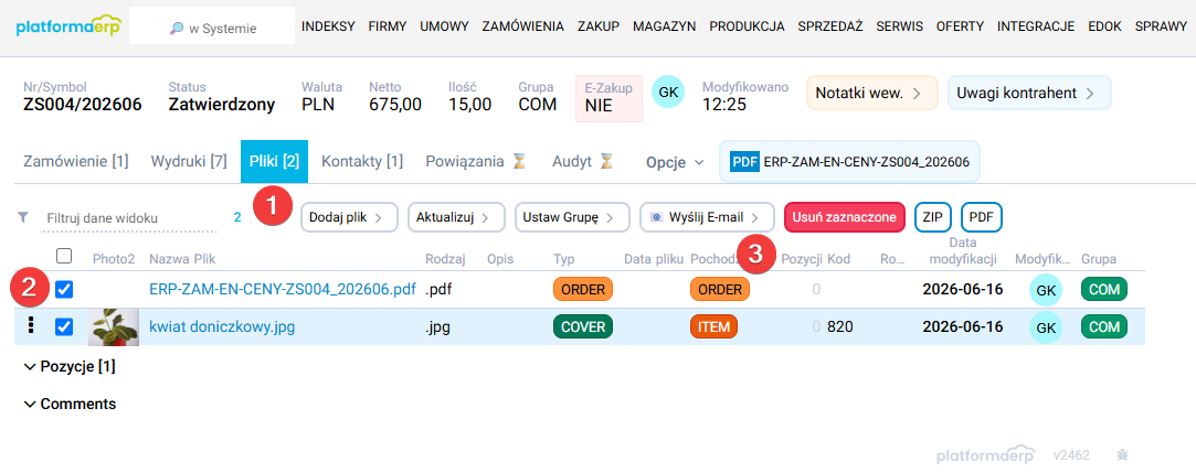 platformaERP - wysyłanie zamówienia z systemu, pliki