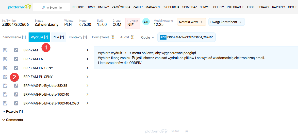 platformaERP - wysyłanie zamówienia z systemu