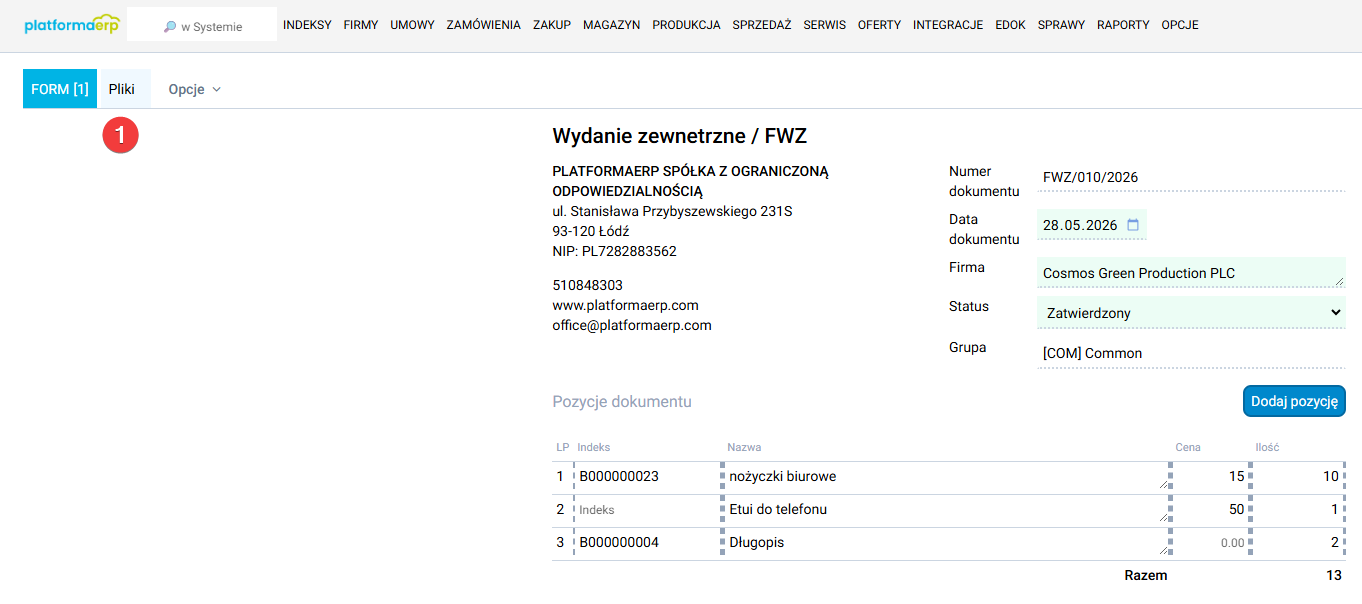 platformaERP - FWZ, załączniki do formularza wydania zewnętrznego.