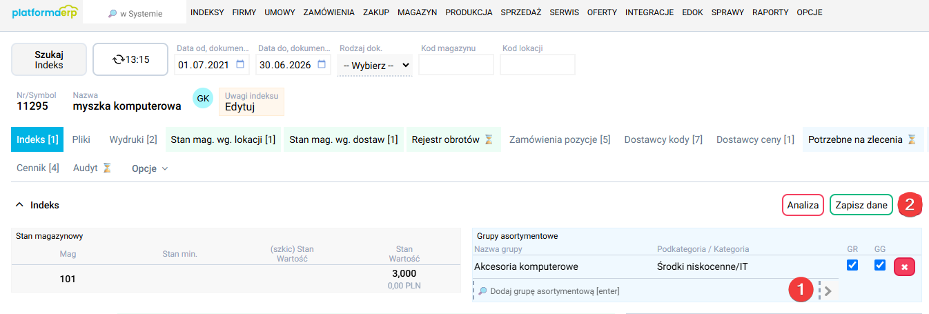 platformaERP - zmiana grup asortymentowych