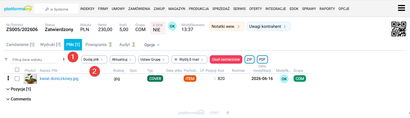 platformaERP - zamówienie, załączanie plików