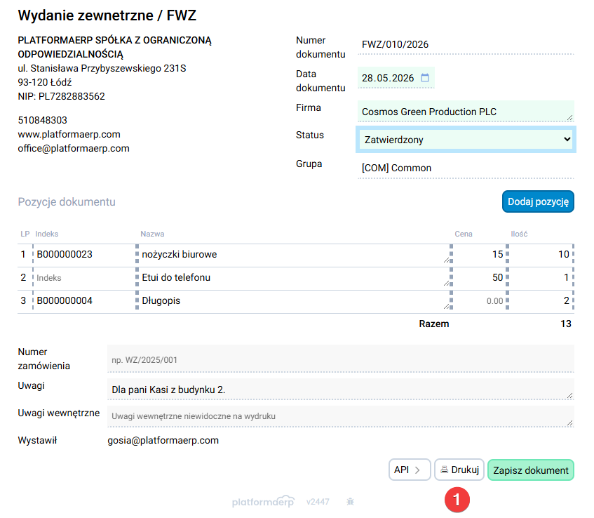 platformaERP - FWZ, wydruk formularza wydania zewnętrznego.
