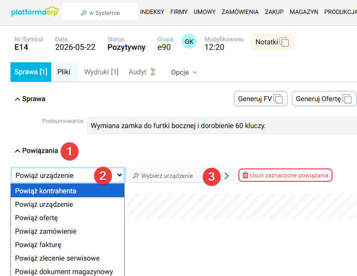 platformaERP - Sprawy, dodanie powiązania.