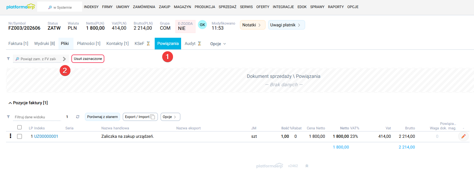 platformaERP - powiązanie zamówienia z fakturą zaliczkową