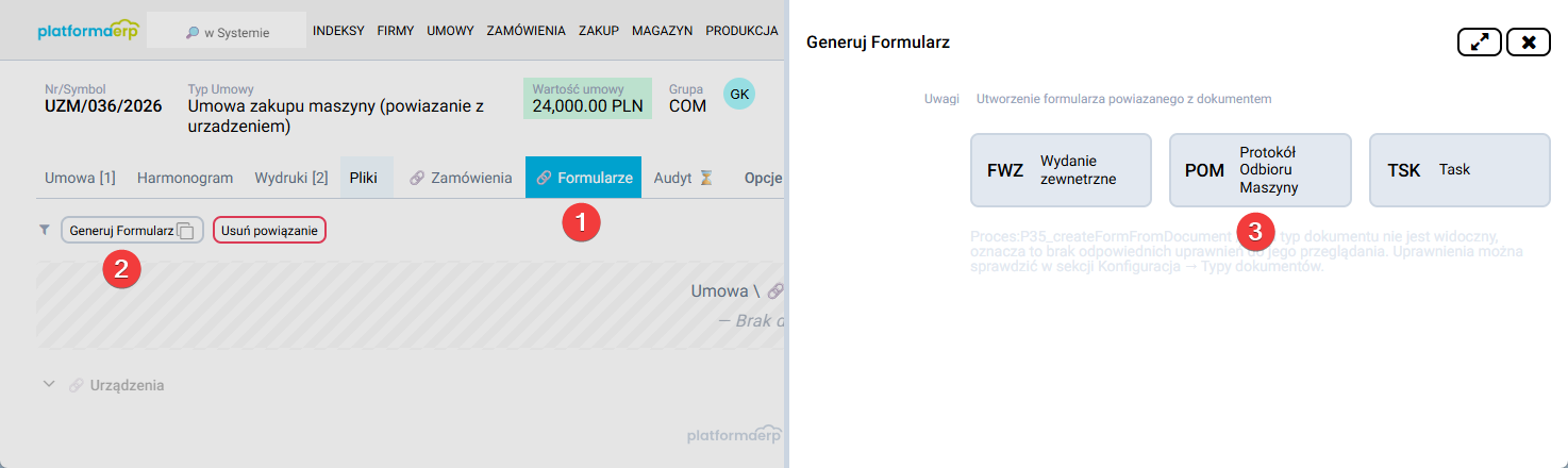 platformaERP - Umowy, dodanie cyfrowego formularza