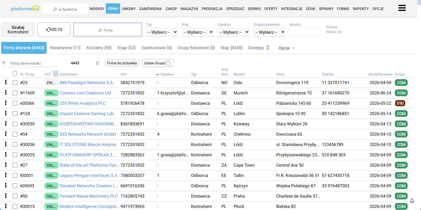 Master data w systemie platformaERP - lista kontrahentów