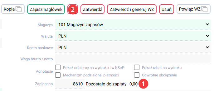 platformaERP - faktura zaliczkowa, zapłacona