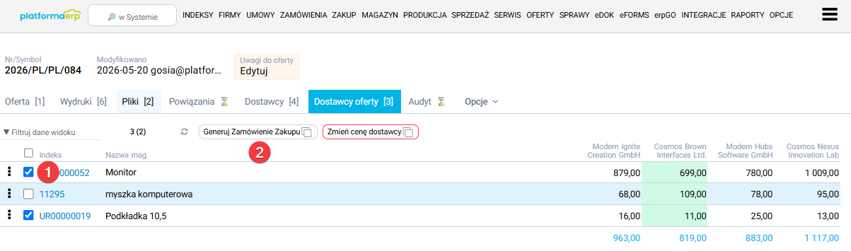 platformaERP - Zamówienie zakupu z oferty dostawcy