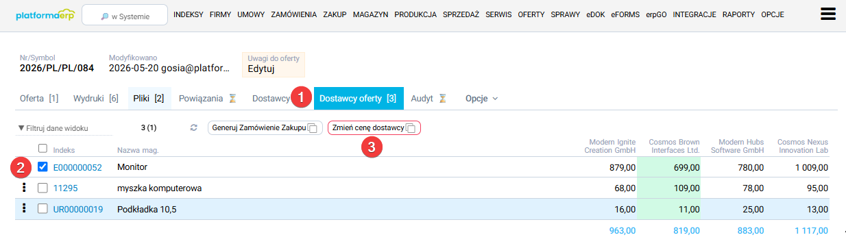 platformaERP - Zmiana ceny z oferty dostawcy
