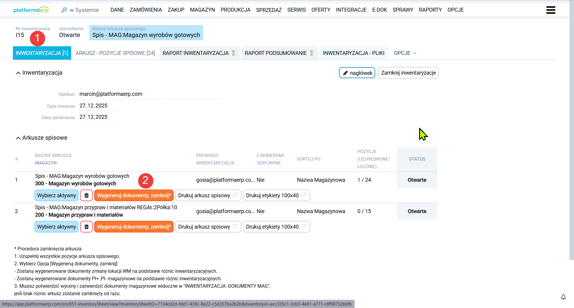 platformaERP  Inwentaryzacja, generowanie dokumentów różnic inwentaryzacyjnych