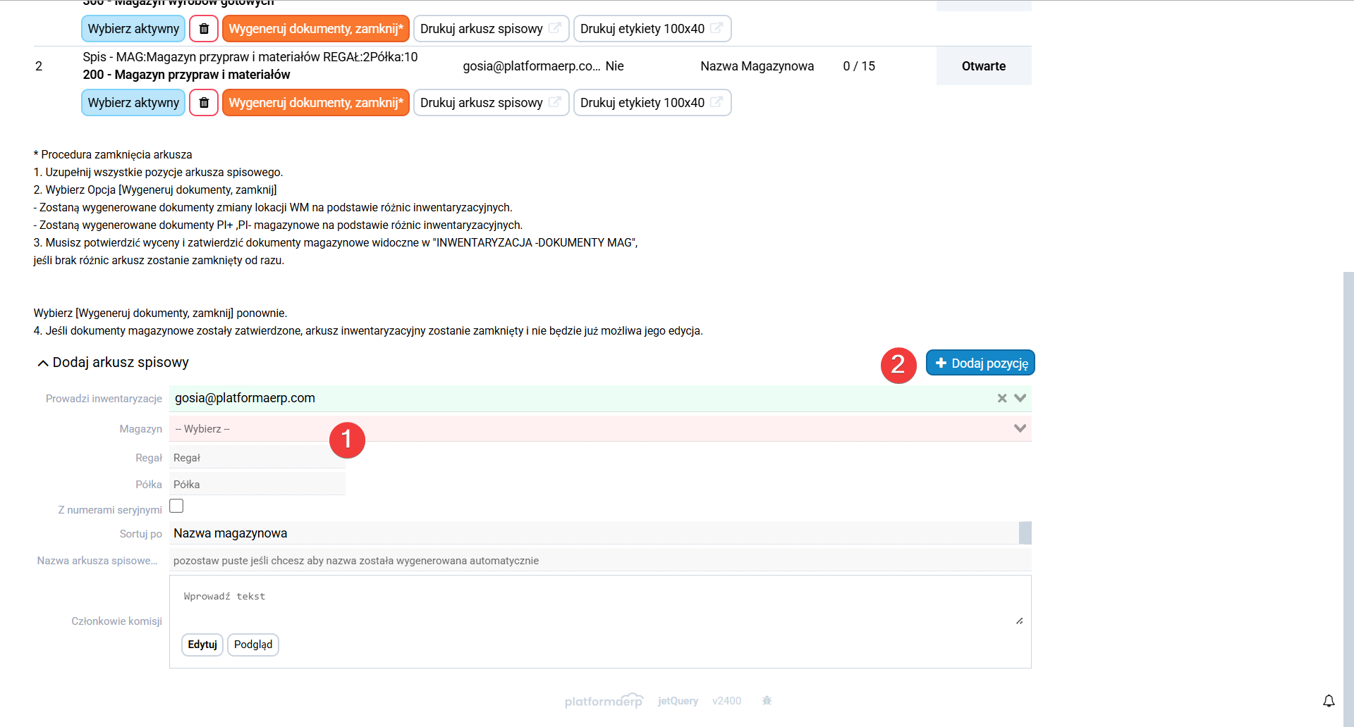 platformaERP  Inwentaryzacja, dodanie arkusza spisowego