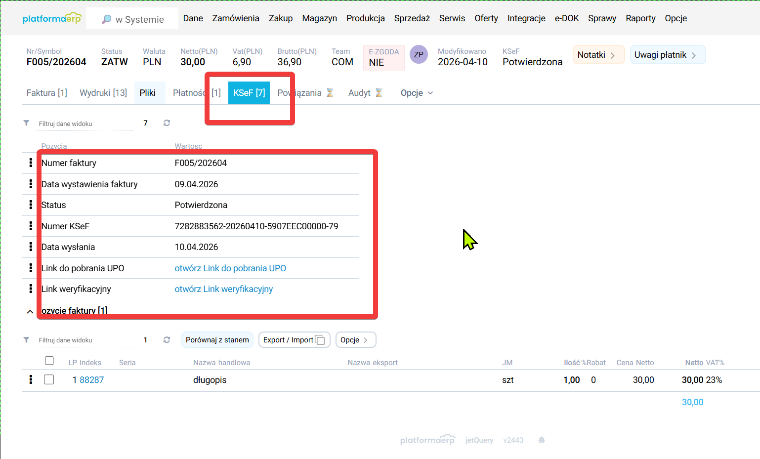 platformaERP e-dokumenty Potwierdzenie KSEF