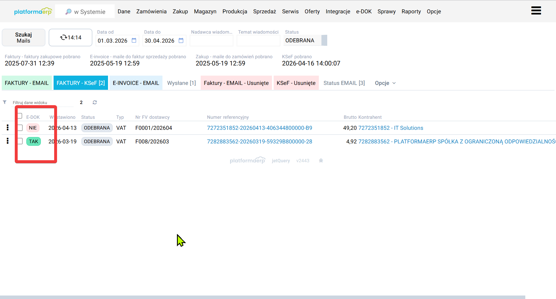platformaERP e-dokumenty, skrzynka odbiorcza