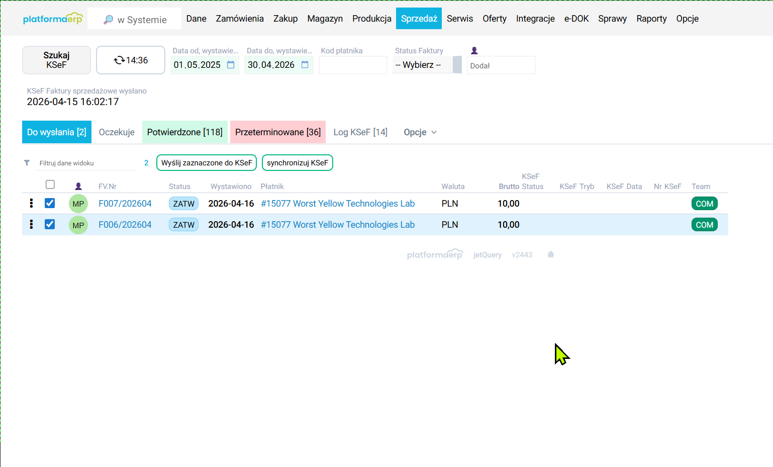 platformaERP e-dokumenty Wysyłanie KSEF
