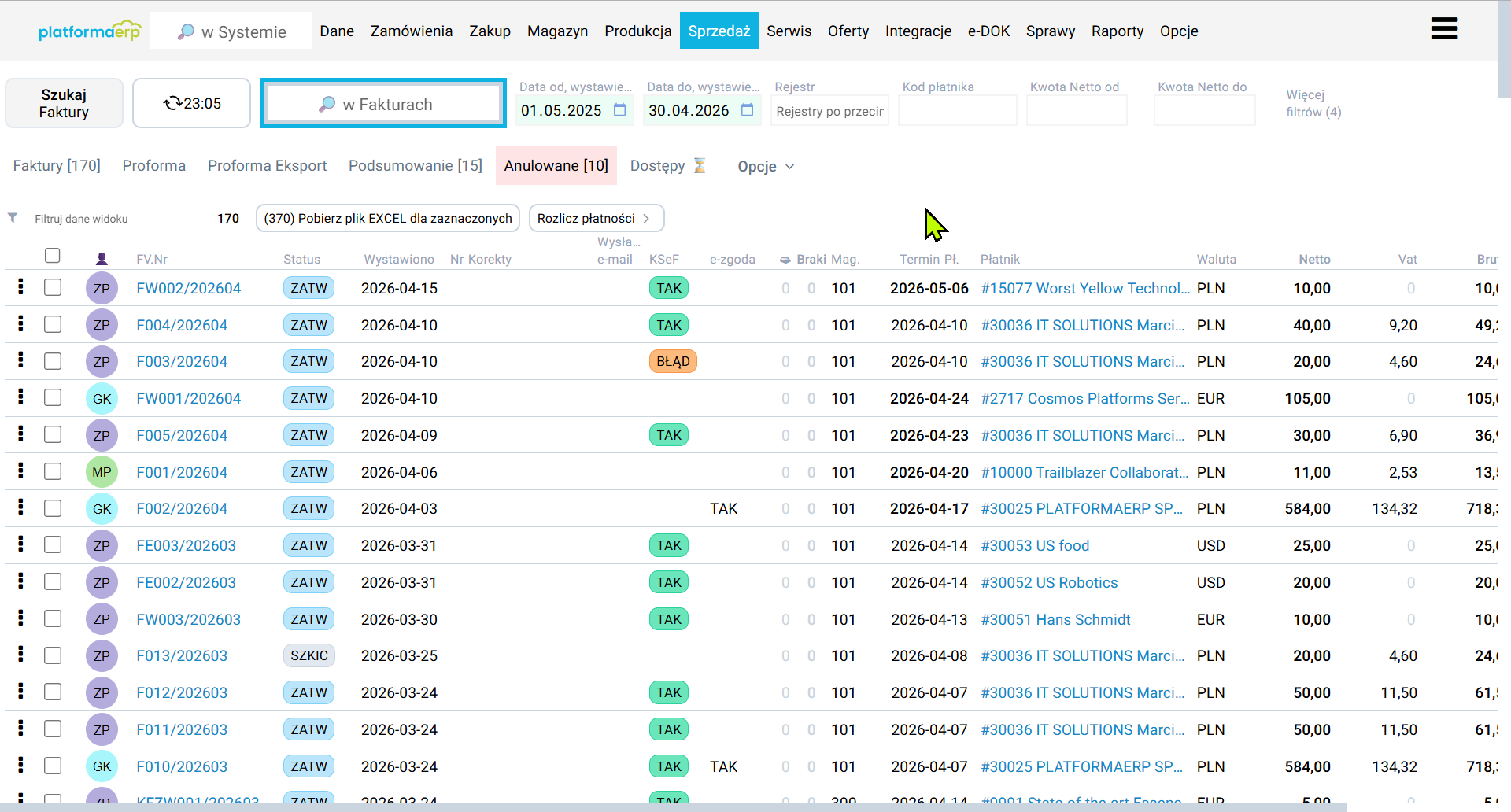 platformaERP e-dokumenty Wysyłanie dokumentów