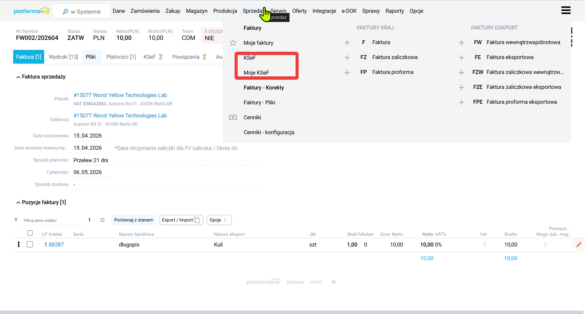 platformaERP e-dokumenty Wysyłanie KSEF