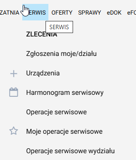 Operacje serwisowe w menu głównym
